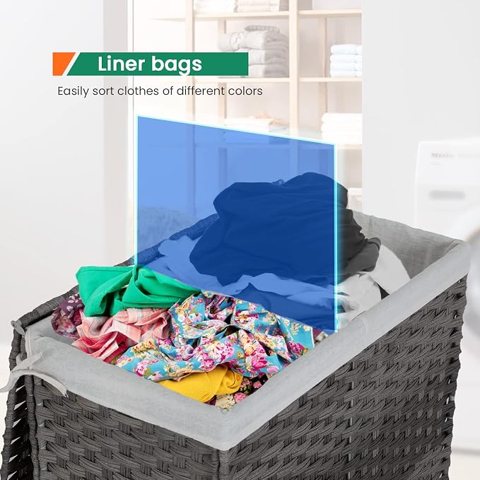 Paylesshere Laundry Basket Handwoven Laundry Hamper 90L/110L Foldable Rattan Laundry Hamper With Lid,2 Removable Liner Bags & 6 Bags,Clothes Bathroom Basket,Grey - Image 4