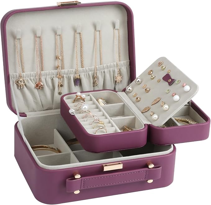 Large Jewelry Case Organizer - Travel Jewelry Box and Portable Case, Burgundy Red - Image 2