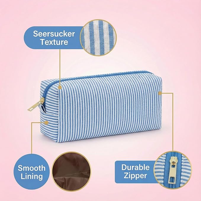 24 PACK Makeup Bags-Bulk Seersucker Cosmetic Bag for Women Bridesmaid Gifts Makeup Pouch for Wedding Party Favors Bachelorette Party Decorations Travel Toiletry Organizer Graduation Gifts(24, Blue) - Image 3