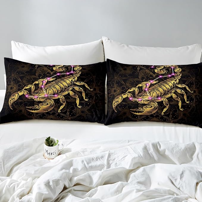 Golden Scorpion Duvet Cover Full Size Exotic Tribal Retro Theme Luxury Bedding Set for Adult Women Men Gothic Style Comforter Cover Set with Zipper Ties Black Gold Mandala Decor Vintage Quilt Set - Image 5