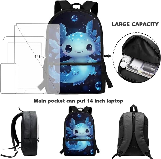 Blue Axolotl Backpack with Lunch Box Kids Girls 4 Grade Elementary School Bookbag and Lunch Bag Set 3 in 1 Middle Student Back Pack 8-10/6-8/4-6 Toddler Schoolbag Lunchbox Pencil Case - Image 4