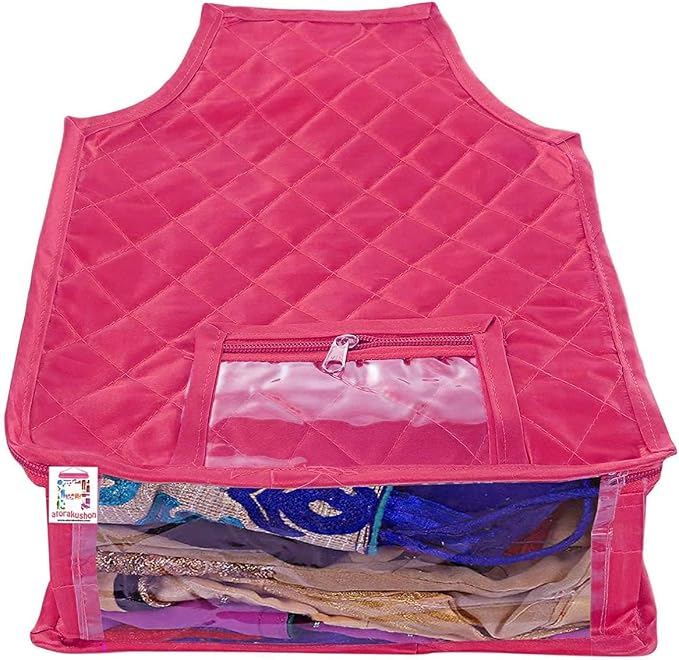 atorakushon Set of 5 Fabric Satin Saree and Blouse Covers Garments Clothes Storage Bag Wardrobe Organizers With Double Zip Lock & Transparent Window (Pink) - Image 8