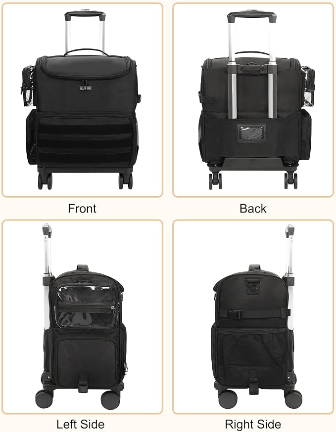 Relavel Rolling Makeup Case, Professional Makeup Artist Set Bag Cosmetic Organizer with 4 Clear Bags & Adjustable Dividers, Large Capacity Travel Train Case, Black - Image 9