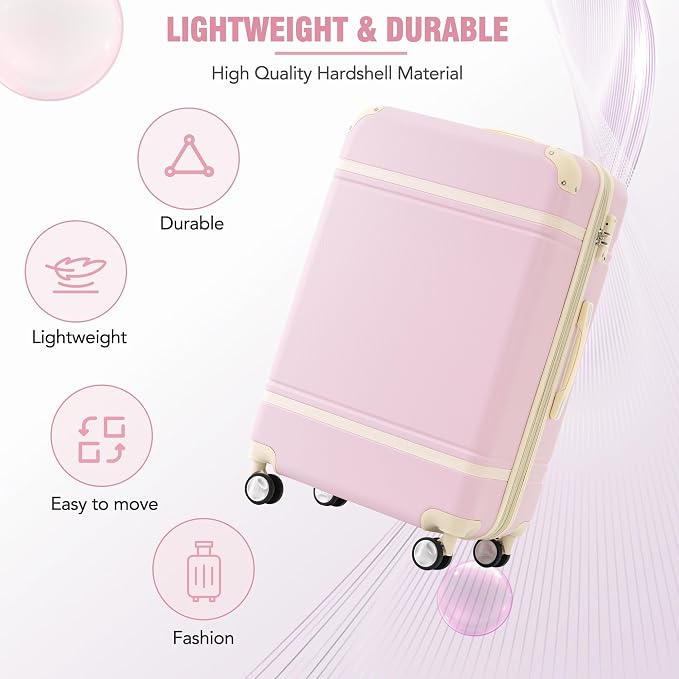 Merax Luggage Set 3 Piece Suitcase Set with 1 Cosmetic Case Expandable Spinner Wheels Vintage Luggage Sets(Light Pink,20"+24"+28") - Image 3