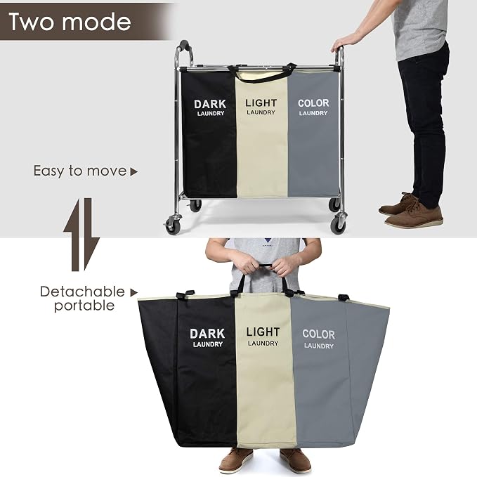 Laundry Basket with Wheels, 240l Laundry Hamper with 3 Section Laundry Bag for Dirty Clothes, Dorm Room Essentials, Towel Organization & Toys Storage Laundry Cart in Laundry Room Organization - Image 5