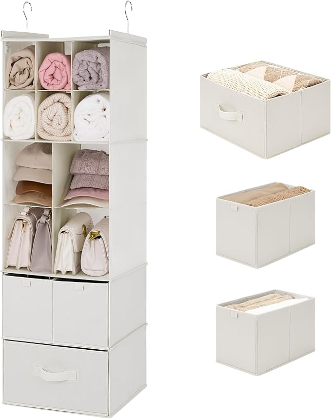 GRANNY SAYS Hanging Closet Organizer with Drawers, 6 Shelf Dividers Closet Hanging Organizer, Portable Foldable Hanging Shelves for Closet, Dorm Room, Bedroom, Kids Room, Beige by GRANNYSAYS