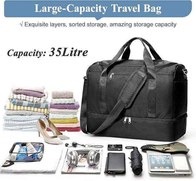 Travel Duffel Bag,Carry-On Overnight Weekender Bags with Shoes Compartment | Travel Bag with Wet Pocket & Luggage Sleeve, For Spirit Airlines 18x14x8 Personal Item Bag,Small,Black - Image 3