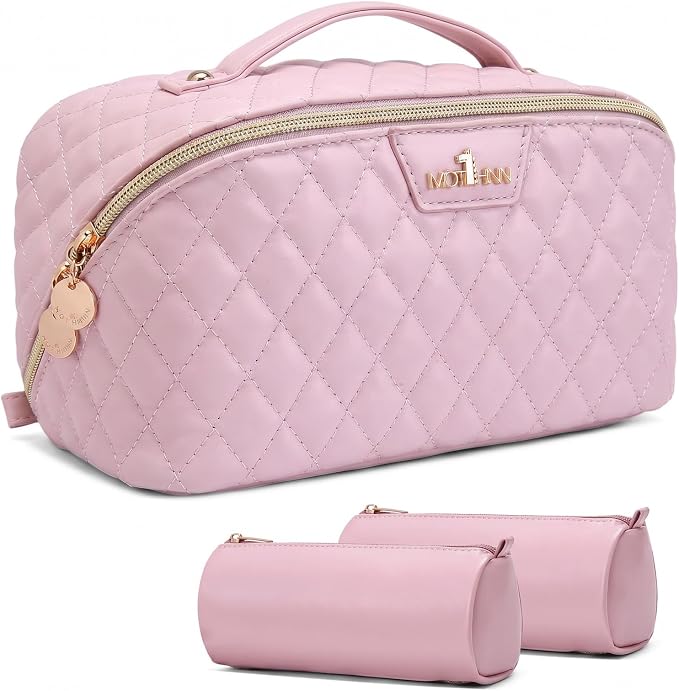 Travel Makeup Bags Cosmetic Organizer: 3Pcs Set Puffy Make up Bag for Women | Pink Premium Quilted ELEGANCE Design | Large Capacity Leather Toiletry Bags | Wide Open Compact Case for Travel Essentials by Unknown