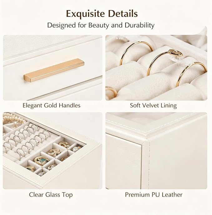 GUOER Jewelry Box for Women, Glass Lid Jewelry Organizer with 3 Drawers PU Jewelry Storage Case for Necklaces Rings Earrings Bracelets, Mother's Day, White - Image 6