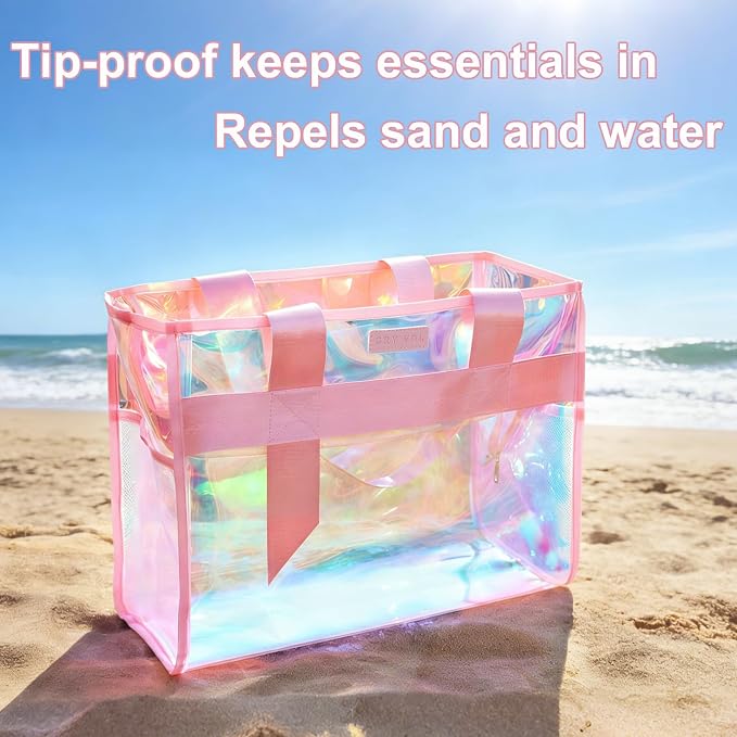 Iridescent Beach Bag, 2Pcs Large Clear Jelly Tote Bag for Women | Jelly Beach Bag, Purple & Pink, Waterproof & Sandproof, Zipper&Snap, Gym Pool Swim Bag Cruise Beach Essential for Family 2026 - Image 2