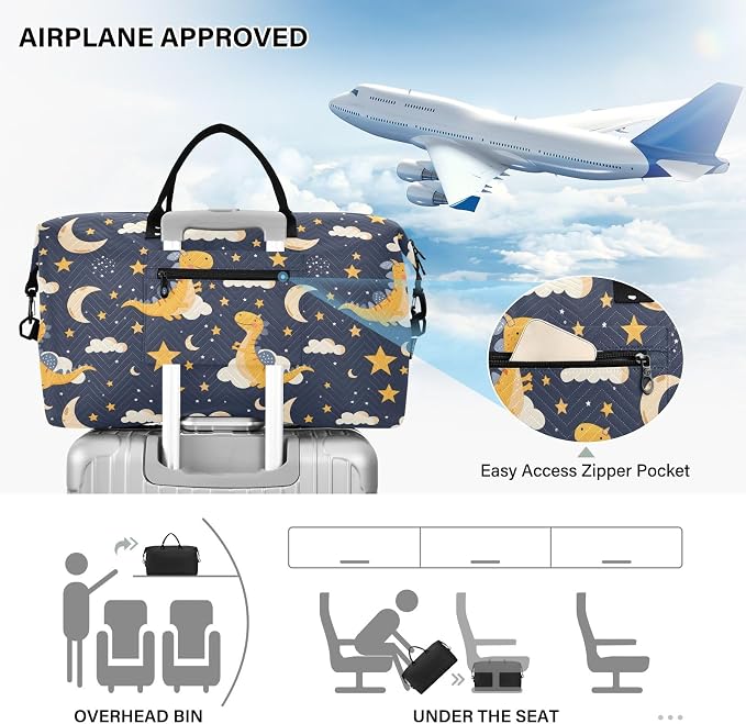 Weekender Bags Travel Duffel Gym Bag Dinosaur Stars Moon Carry on Overnight Tote Bag with Toiletry Bag for Airplane Travel Trip Gym Yoga - Image 5