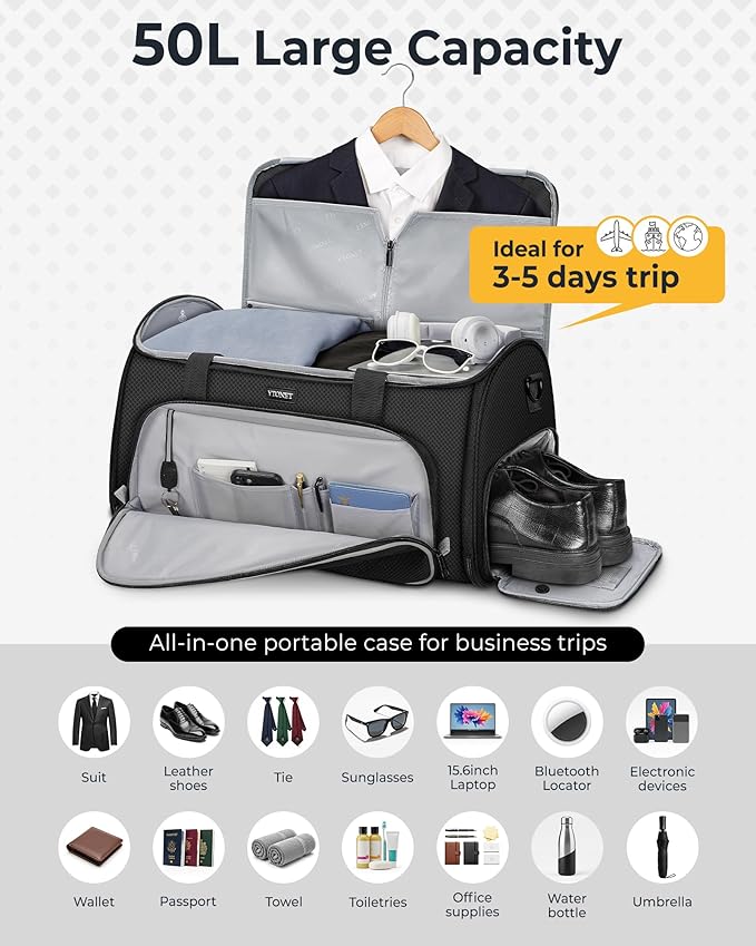 Ytonet Convertible Garment Bags for Travel, 50L Carry on Garment Duffle Bag for Men Women with Usb Port, 3 in 1 Suit Travel Bag Hanging Clothes for Business with Shoe Pocket, Waterproof Pocket, Black