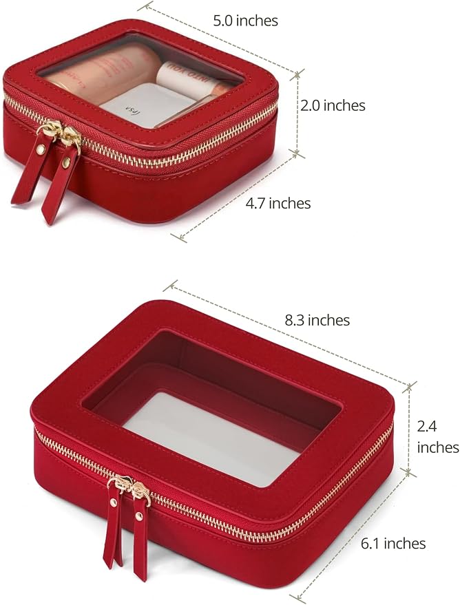 Popvibe Clear Makeup Case Toiletry Bag Travel Medium Clear Cosmetic Bag with Zipper, Mini & Medium, Red - Image 2