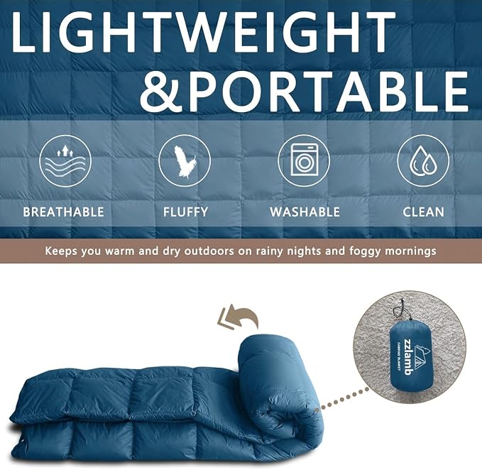 zzlamb Puffy Down Camping Blanket Water-Repellent, Down Throw Travel Blanket Portable for Outdoor, Light Warm Quilt for Couch Plane Car Theater Stadium Picnic RV Backpacking Hammock - Image 5
