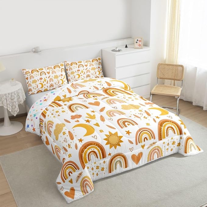 Rainbow Comforter Set, Sun Moon And Stars Duvet Insert Full Size For Kids Girls Boys Teens Bedroom Decor, Bohemian Dream Catcher Feather Down Comforter Iridescent Branches Cartoon Quilt, Gold Yellow - Image 4