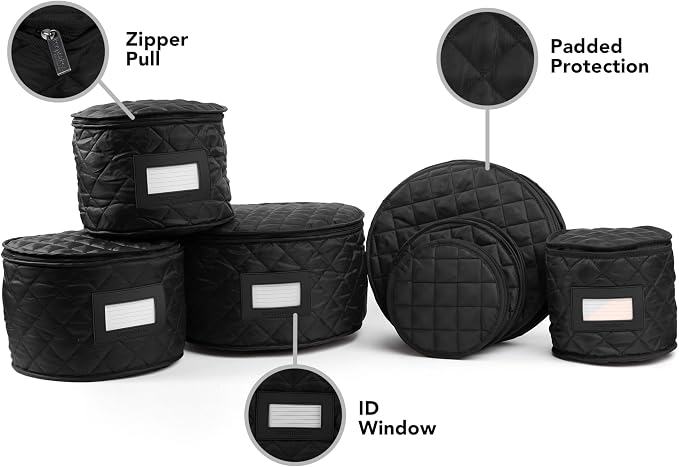 Covermates Keepsakes Dish Storage Set – Padded China & Dinnerware Storage Cases with Dividers, Cup & Stemware Storage, Quilted Polyester Protection, ID Window, Black - Image 5