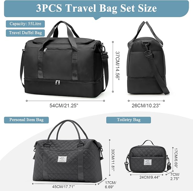 Extra Large Travel Duffle Bag,Carry on Overnight Bag with Shoes Compartment,Weekender Bags for Women for Travel Business Trips Sport Hospital,3 Pcs Set,Black - Image 4
