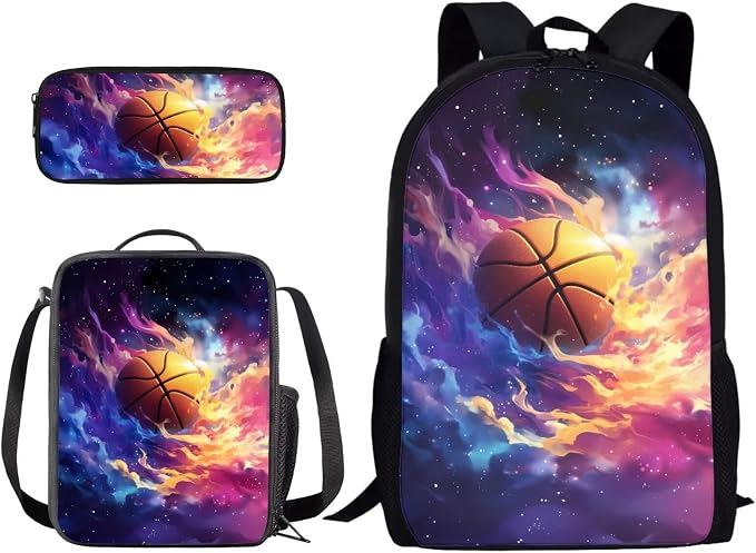 Galaxy Basketball Print 3Pcs School Bag Backpack Set for Teen Girls, Elementary Middle Kids Bookbag Durable Lightweight Knapsack with Lunch Box Pencil Case, Large School Bookbag Set by PCSJRKG
