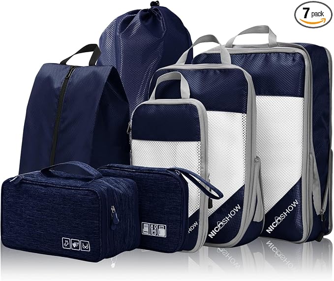 NICOSHOW 7 Set Compression Packing Cubes for Travel - Compressible, Lightweight, and Space-Saving Packing Cubes, Travel Essentials for Women, Navy by NICOSHOW