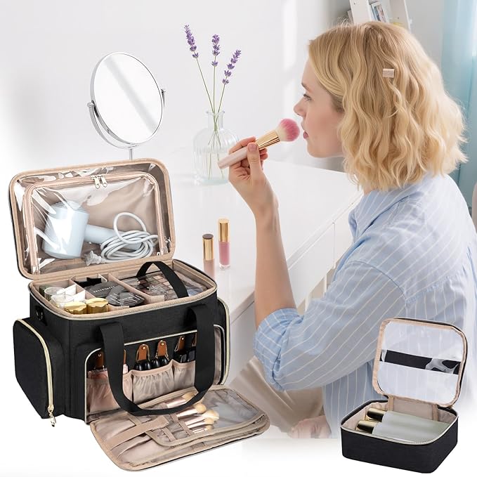 GDNasist Large Makeup Bag, Portable Travel Makeup Bag Organizer for Women Girls with 2 Removable Pouches & Detachable Dividers, Cosmetic Travel Bag, Toiletry Bag for Makeup and Hair Supplies Black - Image 6