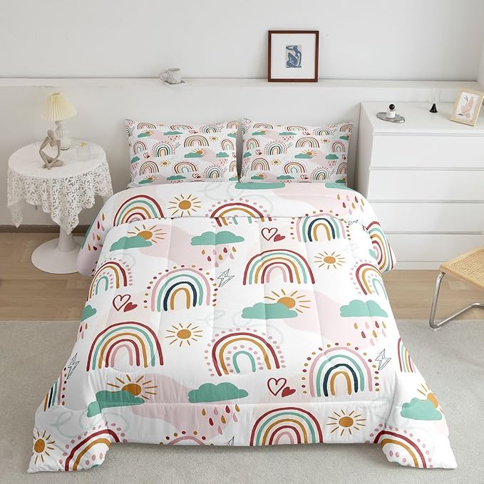 Erosebridal Rainbow Quilt for Kids Girls, Cartoon Sun and Clouds Comforter Set & Pillow Cases, Love Heart Down Comforter Iridescent Stripes Hand Drawn Bedding Set Kawaii Room Decor, Queen Size - Image 3