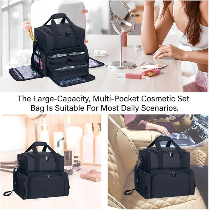 Large Makeup Bag Double Layer with 3 Removable Case,Black | Large Makeup Bag with 3 Removable Case and 2 Removable Dividers Double Layer Travel Cosmetic Makeup Brushes Storage Section - Image 6