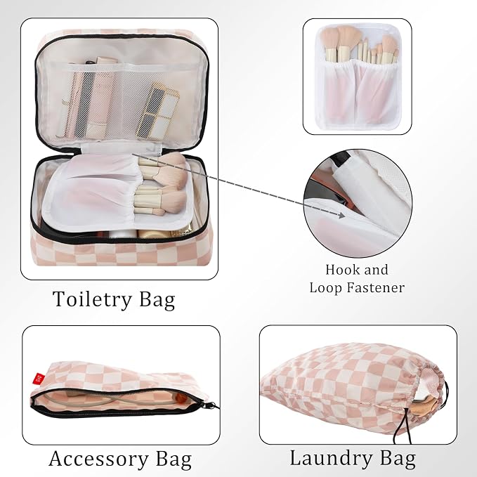 U+U 8 Set Compression Packing Cubes - Ultralight Travel Organizers with Laundry Bag and Cosmetic Bag, Space-Saving Suitcase Organizer for Travel, Business Trip and Family Vacation (Khaki Checkered) - Image 4