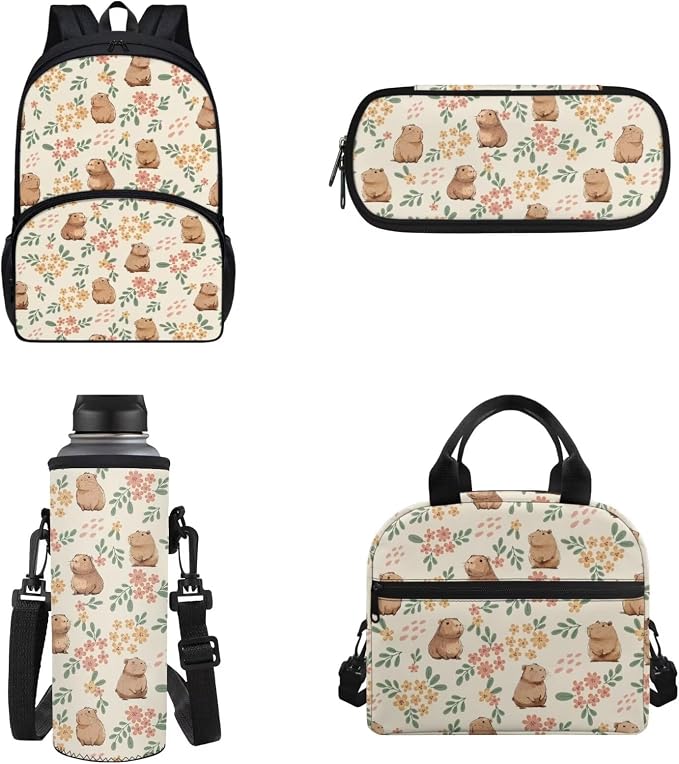 4 Pack Cute Capybara Flower Schoolbag Set with Insulated Lunch Box Pencil Case Water Bottle Holder Bag for Preschool,Elementary,Middle School Girls Schoolbag Capybara Lover Daypack - Image 2