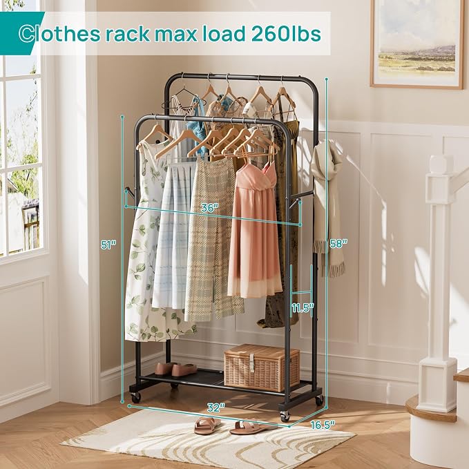 SINGAYE Wardrobe Standing Closet Clothing Rack With Shelf Hanging Clothes | Wardrobe Open Compact Small Metal Garment Hanger Stand Alone Free Standing Black Closet Rack Storage Organizer Heavy Duty - Image 4