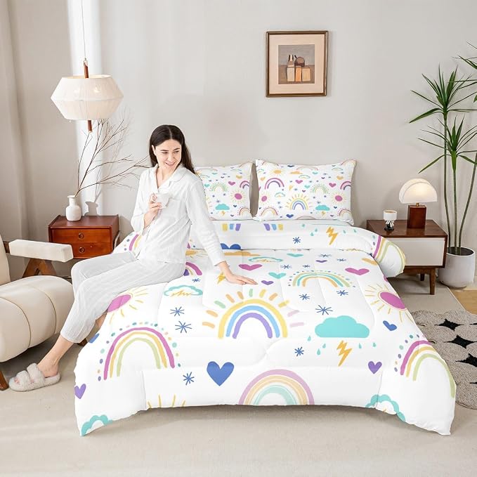 Erosebridal Rainbow Comforter Set, Sun Cloud Stars Duvet Insert King Size Hand Drawn Iridescent Duvet Sets, Love Heart Cartoon Quilted Duvet for Kids Girls Boys Children Women Bedroom Decor - Image 2