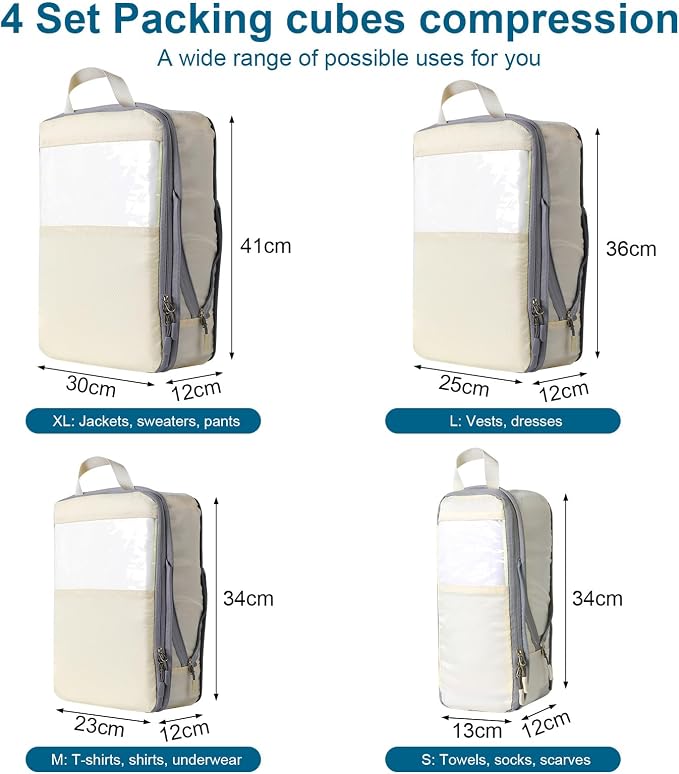 Cozary Suitcase Organiser Packing Cubes Compression Pack of 4 - High Capacity Travel Essentials For Hand Luggage, Suitcase And Backpack - Beige - Image 4