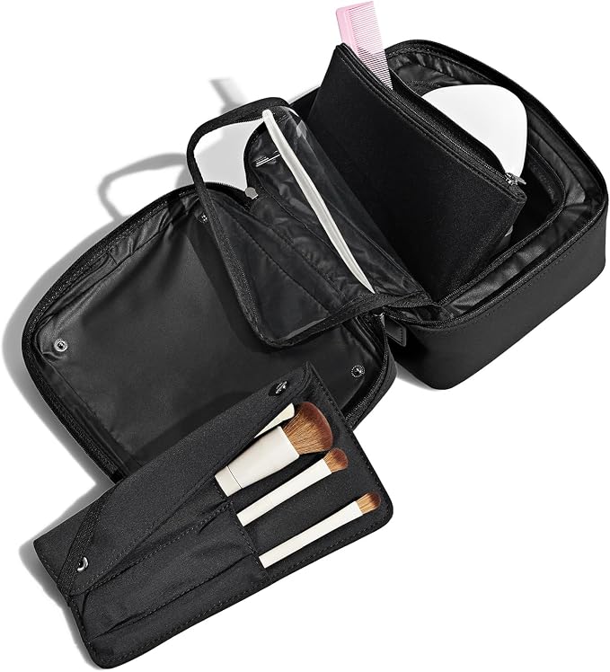 Away The Cosmetics Bag - Water-Repellent Cosmetic Travel Bag with Detachable Brush Organizer, Spill-Proof Bottom Compartment, Transparent Pockets - Jet Black - Image 5