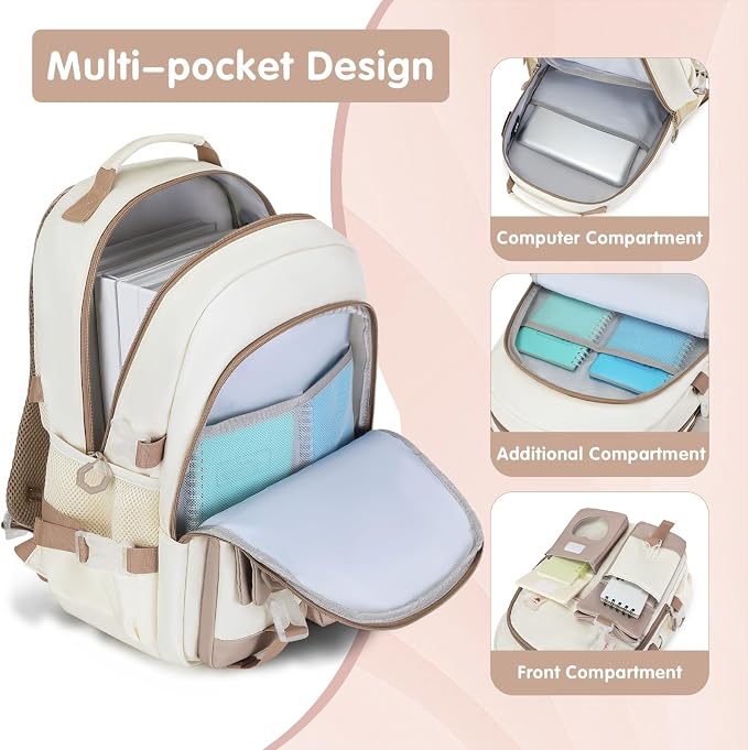 ACESAK Girls Backpack - Bento Box with Insulated Lunch Bag Pencil Case & Utensils Set for Kids, 6 Leakproof Compartments Removable Tray Lunches or Snack Container for School (Khaki Beige) - Image 4