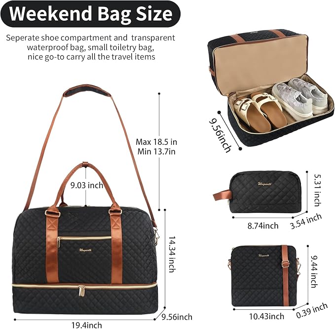 Wogarl 3PCS Weekender Bags for Women Large Overnight Bag Weekend Travel Duffel Bag Carry on Shoulder with Shoe Compartment Canvas Toiletry Bag for Travel Business Gym,Black - Image 3