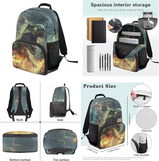 Dinosaur Backpack for Boys 6-12 Kids Backpack with Lunch Box Zipper Pencil Pouch Portable Student Backpacks for Teenagers Elementary Preschool Kindergarten Primary School - Image 7