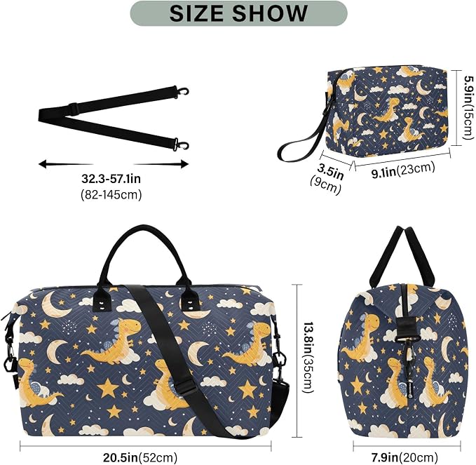 Weekender Bags Travel Duffel Gym Bag Dinosaur Stars Moon Carry on Overnight Tote Bag with Toiletry Bag for Airplane Travel Trip Gym Yoga - Image 3
