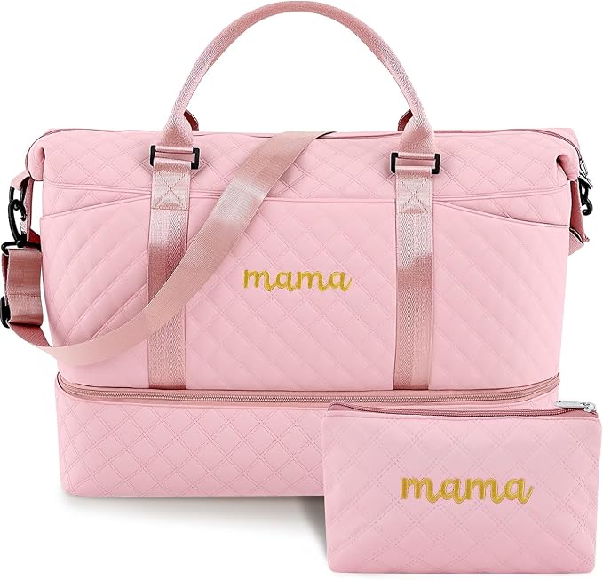 Dansydaisy Mama Hospital Bag for Women Labor Delivery Travel Duffle Bag with Shoe Compartment and Toiletry Pouch Waterproof Letter Embroidered for Pregnancy Weekender Overnight Gym Gift, Pink by Dansydaisy