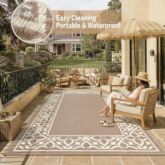 PureCozy Outdoor Plastic Straw Rug Beige Brown Large Outside Waterproof Outdoor Patio 8x10 Carpet Geometric Reversible Mat Modern for Camping RV Porch Deck Balcony Beach - Image 9