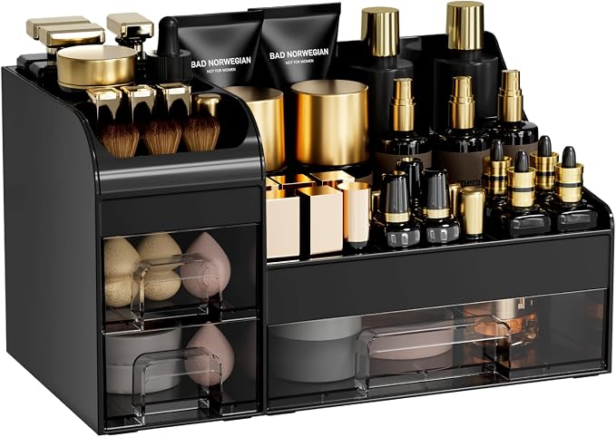 Extra Large Makeup Organizer for Vanity,Countertop Organizer with Drawers and Brush Holder,Men’s Cologne Organizer for Bathroom,Cosmetic Skin Storage for Lipsticks,Nail Polish & Shaving Lotion,Black by Unknown