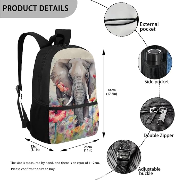 Backpack Set for Student Retro Floral Elephant Print Schoolbag Large Capacity Bookbag Lunch Kits Pencil Case 17 Inch Travel Laptop Backpacks Rucksack Fashion Daypack for Outdoor - Image 2