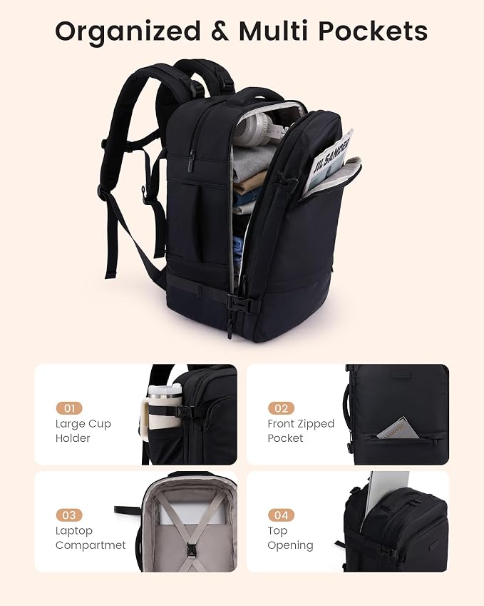LOVEVOOK Travel Backpack for Women & Men, Carry On Backpack with Cup Holder, Personal Item Travel Bag Flight Approved with Padded Laptop Compartment, Weekender Daypack With 2 Cubes, 17.3 Inch Black - Image 5