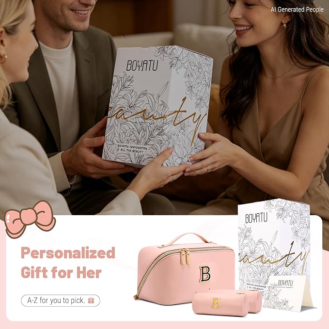 BOYATU Makeup Bag Gift for Women: 3-in-1 Travel Personalized Cosmetic Bag | Initial Make up Bag - Monogram A-Z - Vegan Leather Flat Open Toiletry Organizer - Ideal Gift Set for Birthday Graduation - Image 2