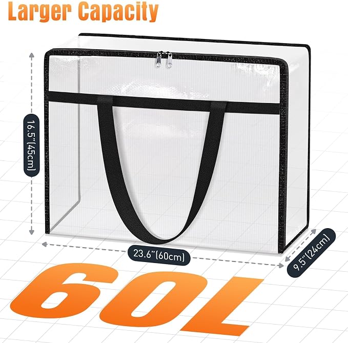4 Packs Clear Under Bed Storage Containers - 60 L Large Capacity Clothes Storage Bags with Lid & Sturdy Handles, Foldable Moving Bags, Clothing Organizer Totes for Bedding, Comforter, Sheet - Image 2