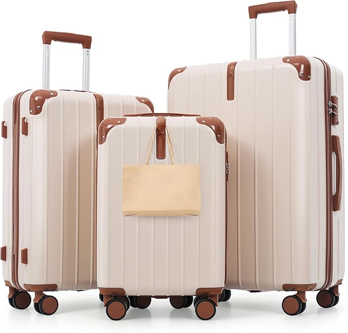 Hardside Luggage Sets, Lightweight Stripes Suitcase with Spinner Wheels, Ivory by Merax