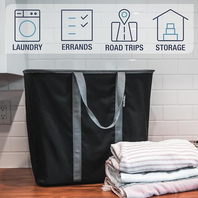 CleverMade Collapsible Laundry Caddy, 64L, 2 Pack, Black Gray | A reinforced rim and base keep it upright for loading. Comfortable handles move up to 2 full loads, then it folds flat. - Image 4