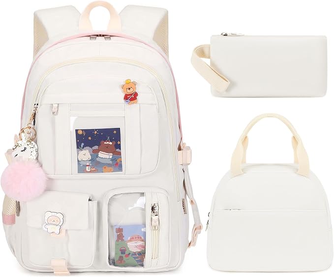 LXYGD Laptop Backpacks 16 Inch School Bag College Backpack 3 PCS with Lunch Box Pencil Pouch Set Large Travel Daypack Kawaii Bookbags for Teens Girls Women Students (Off-white) by LXYGD