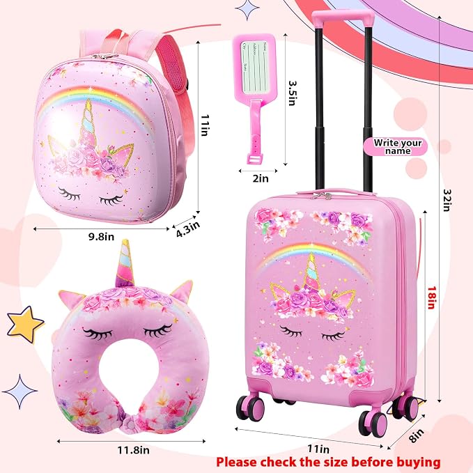 Sanwuta 4 Pcs Kids Luggage Set Back to School Gifts for Girls Boys Carry On Rolling Suitcase Backpack Neck Pillow Travel Set(18 Inch,Unicorn Rainbow Style,Pink) - Image 2