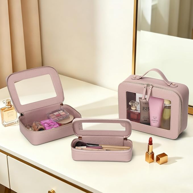 Travel Makeup Set, Pink, L+M+SLIM | Waterproof, Transparent Cosmetic Bag, Toiletry Bag, Makeup Brush Case with Zipper, Car Essentials for Women - Image 2