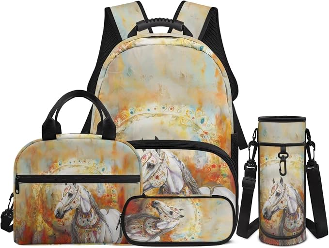 Horse Backpack for Kids Boys Preschool Elementary Backpacks with Reusable Lunch Bag Pencil Case Pouch Water Bottle Carrier Bag 4 PCS Set by Unknown