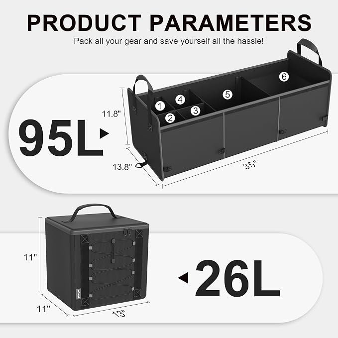 Bold Color Block Trunk Organizer | 95L, 35"x13.8"x11.8" | Dedicated Shoe Storage & 26L Ice Pack | Foldable for SUV/Car/Jeep | Stylish Gift & Essential Car Accessories for Drivers - Black-X212 - Image 6